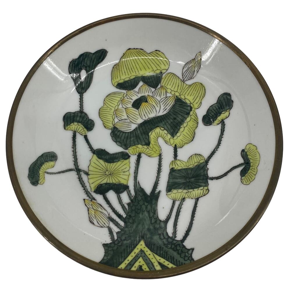 VTG ACF JAPANESE PORCELAIN & BRASS PLATE GREEN HAND PAINTED Plate Bowl Dish